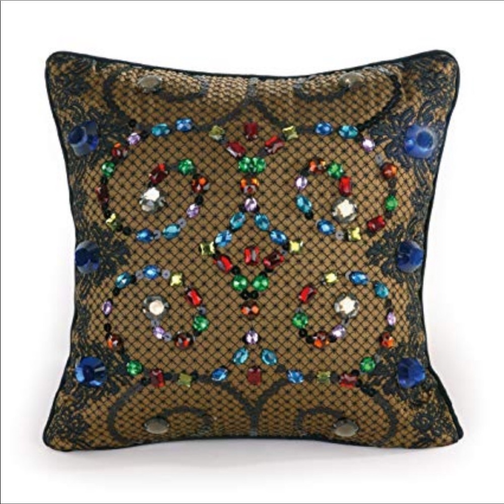 NANETTE LEPORE BAROQUE JEWELED PILLOW BLACK BACK MULTI JEWELED FRONT 14” NWT